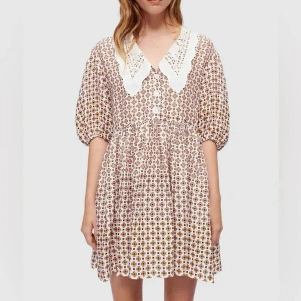 Maje Romelange Geometric Print Linen Dress NWT | Size 42 | Missing Lace Collar